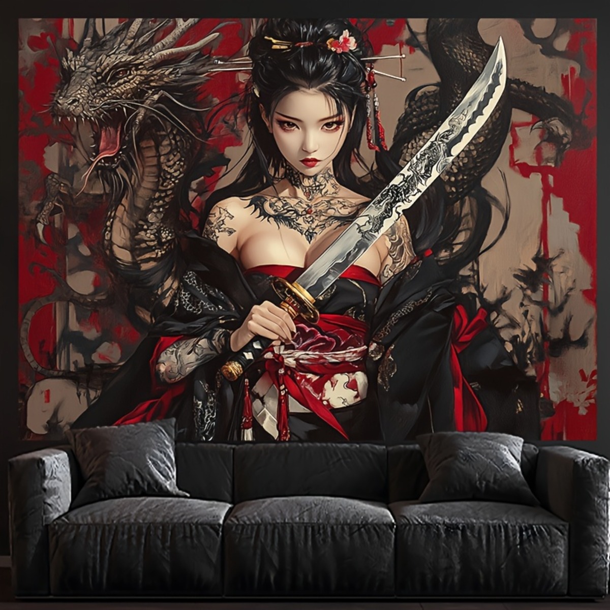 Wall Scroll Tapestry - 애니메이션 판타지 드래곤 여성 태피스트리 벽걸이