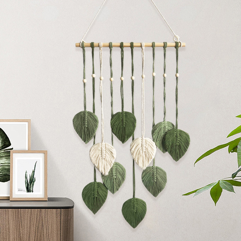 Wall Scroll Tapestry - 수제 나뭇잎 태피스트리 직조, 나무 구슬
